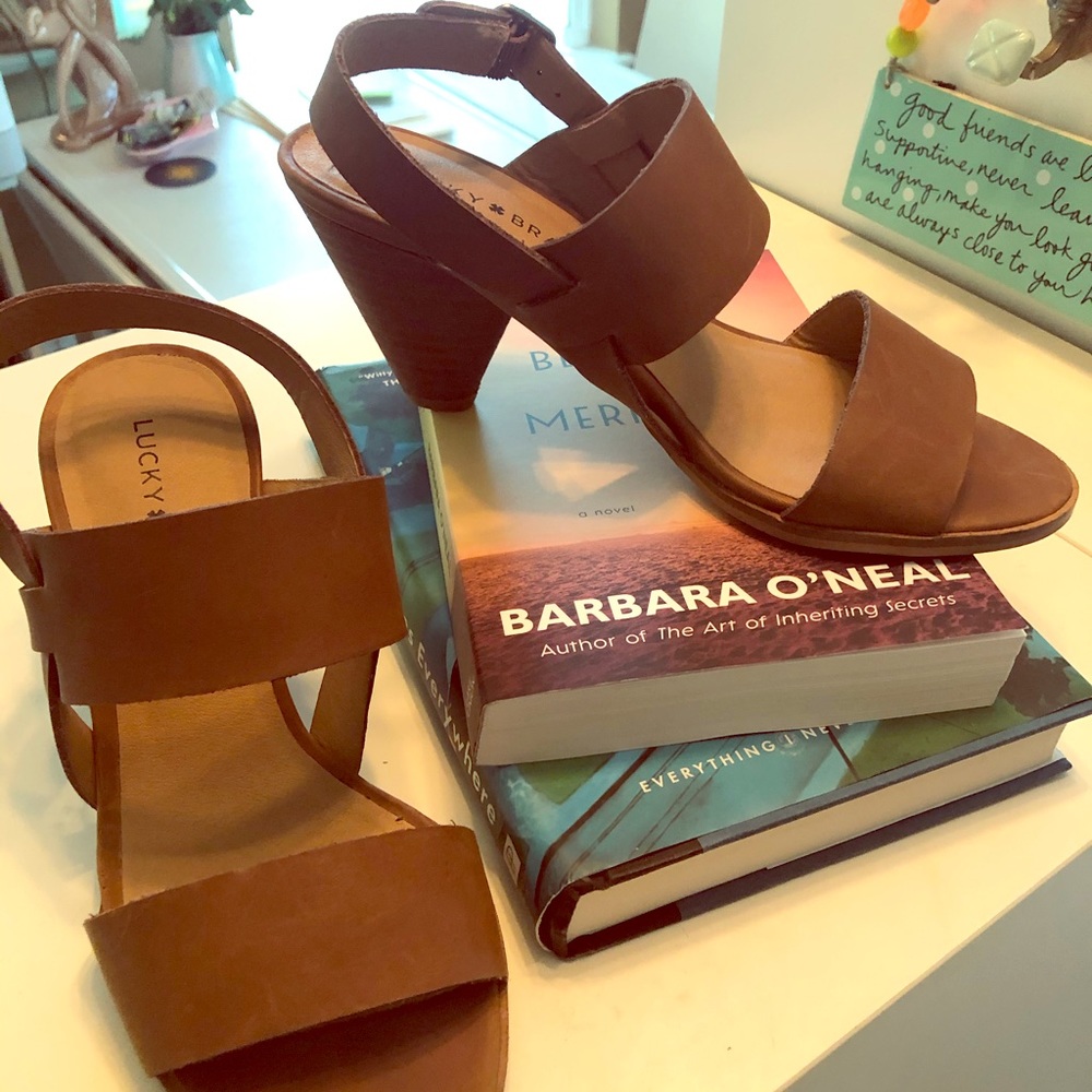 Lucky Brand Stacked Heel Leather Cognac Sandals